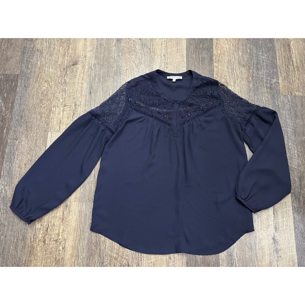 Heartloom Navy Blue Crochet Lace Panel Long Sleeve Blouse Top Small 170T44M1